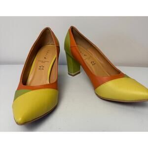 Vero Cuoio Zevio Italian Leather Color Block Yellow Green Orange Pump Shoe Sz 40